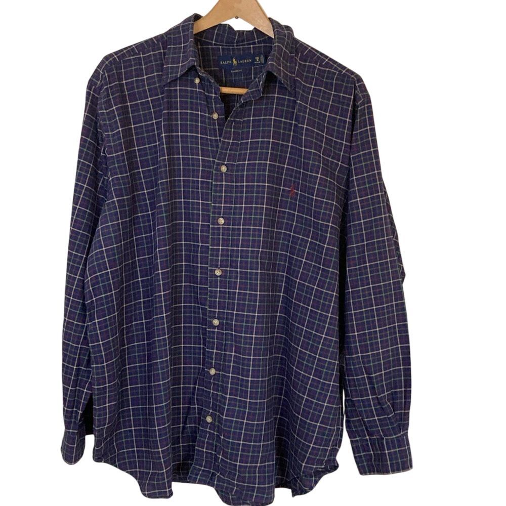 Ralph Lauren Classic Fit‎ Button Down Shirt Mens 1XB Blue Plaid Red Pony Cotton